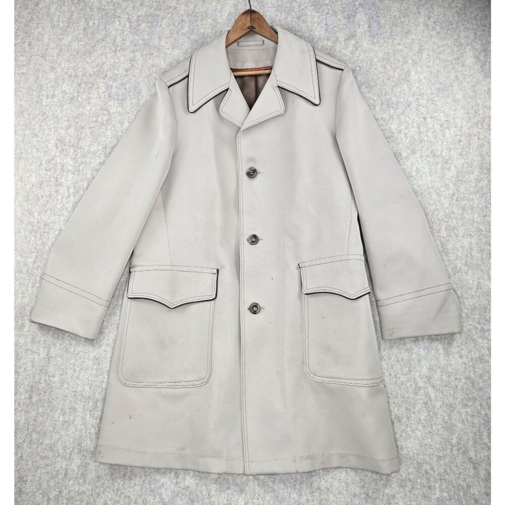 Tan Mens Button-Front Coat Vintage Mid-Length Style Decorative Stitching Large